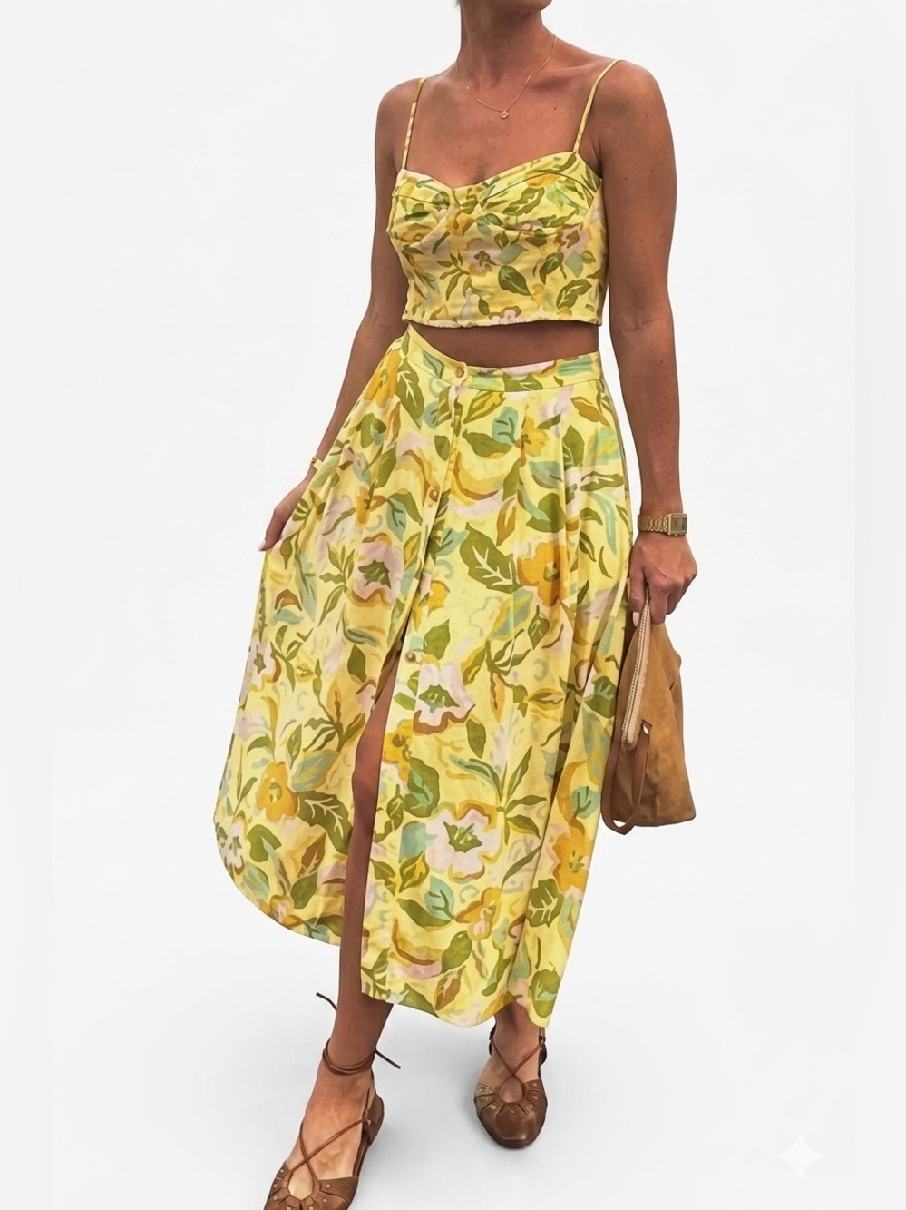Zara Women's Floral Button-Front A-Line Midi Linen Blend Skirt XS